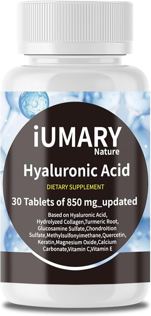Suppléments d'acide hyaluronique, 850mg Acide hyaluronique diététique à haute biodisponibilité - Support articulaire avancé avec collagène hydrolysé, curcuma, Glu-cosamine, MSM, vitamine C – 30 comprimés (paquet de 1)