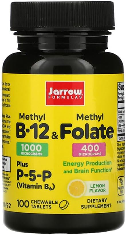 Formules de Jarrow Methyl B-12 & Methyl Folate - 100 comprimés à croquer, citron - Paquet de 2 - Vitamine bioactive B12 & B9 - Supporte la production d'énergie, la fonction cérébrale et le métabolisme - 200 portions totales