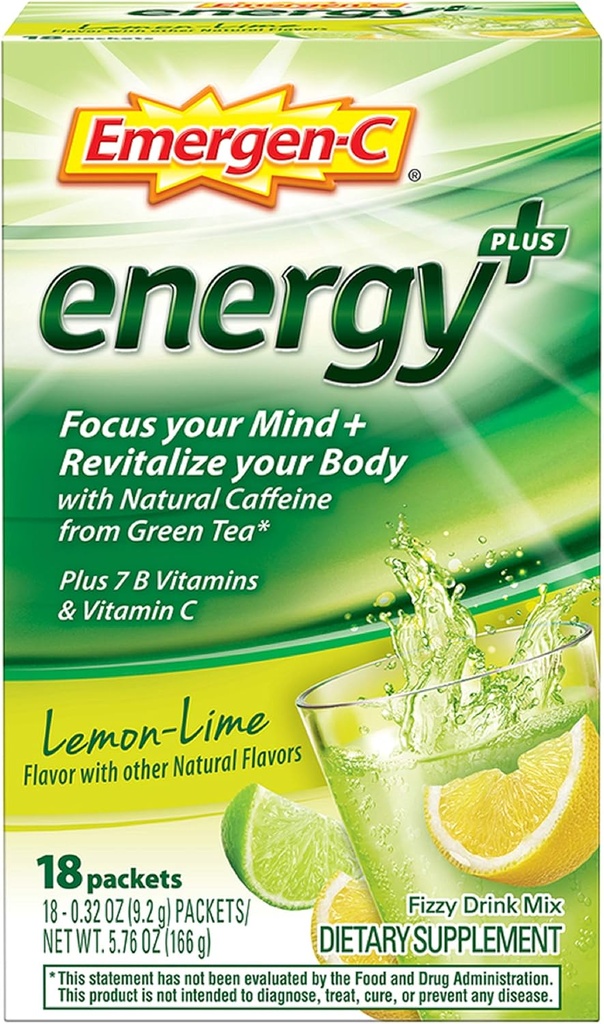 Emergen-C Energy+, avec des vitamines B, de la vitamine C et de la caféine naturelle du thé vert (18 comtes, Blueberry Acai Flavor)