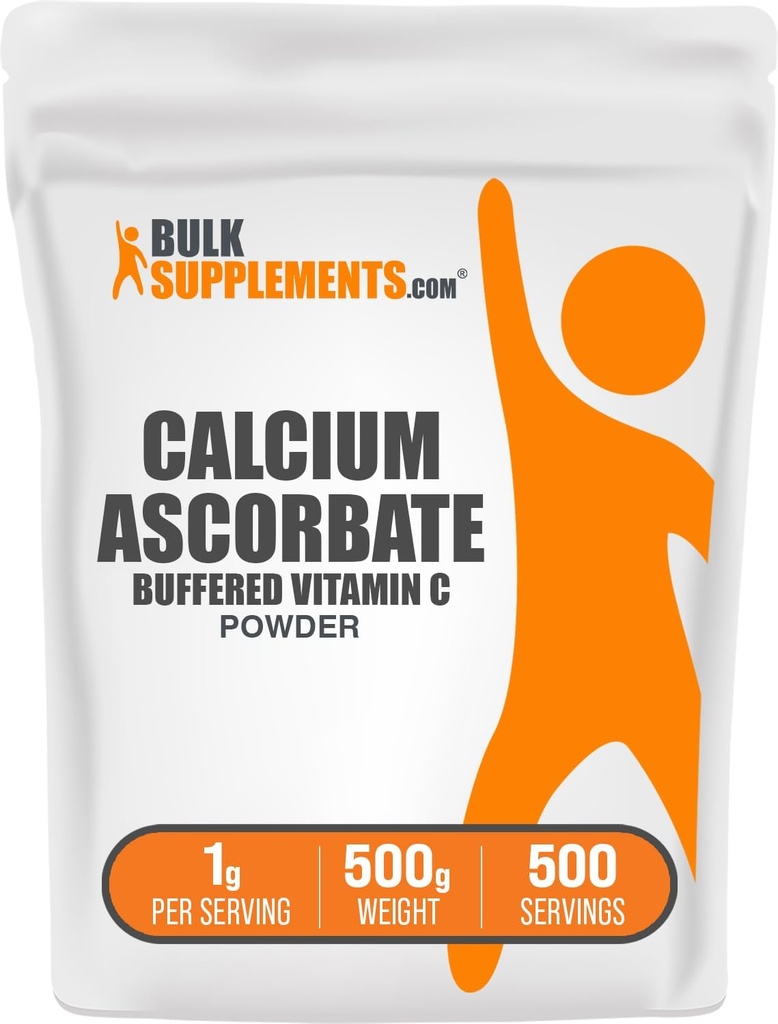 BulkSupplements.com Poudre d'ascorbate de calcium - vitamine tamponnée C, supplément de calcium avec vitamine C - sans gluten, 1g par portion, 500g (1,1 lb) (paquet de 1)