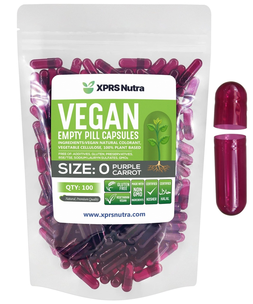 XPRS Nutra Taille 0 Capsules vides - 100 Compte Capsules vides de végétalien - Pilules végétariennes - Garniture de gélules végétales de bricolage - Bouchons de pilules veggie pour les compléments de Do-It-Youlf (Carotte pulpeuse)