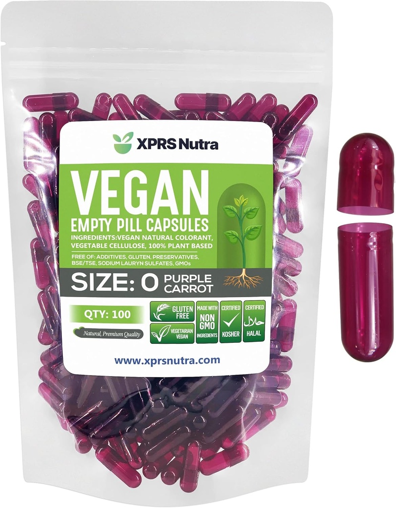 XPRS Nutra Taille 0 Capsules vides - 100 Compte Capsules vides de végétalien - Pilules végétariennes - Garniture de gélules végétales de bricolage - Bouchons de pilules veggie pour les compléments de Do-It-Youlf (Carotte pulpeuse)