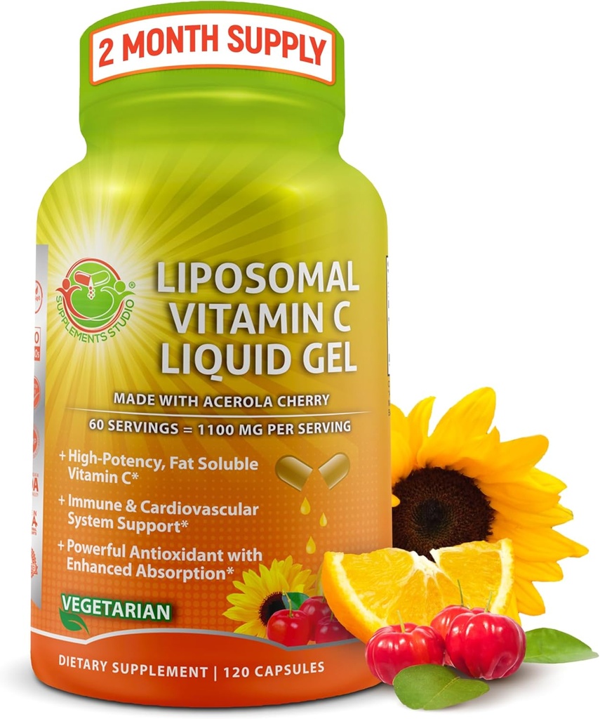 Capsules de gel liquide de vitamine C liposomique - 1100mg - Fabriqué avec des cerises d'acérola biologique, supplément de soutien immunitaire de vitamine C à haute puissance avec absorption et biodisponibilité améliorées - 120comptes