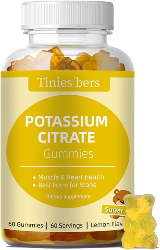 Gommies de potassium pour adultes Enfants, sans sucre, soutien des crampes de jambes et de la santé musculaire et cardiaque, électrolyte vital, comme citrate de potassium, meilleurs Gommies de potassium pour les pierres, végétalien, non-OGM, citron, 60