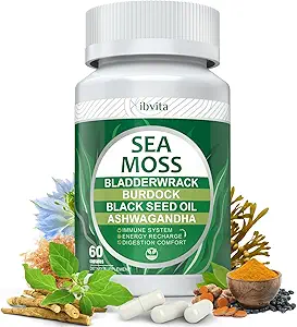 Sea Moss Black Seed Oil Capsules - Supplements with Seamoss, Ashwagandha, Burdock Root, Ginger & Multimineral for Immune & Digestive Support, Improve Energy for Men & Women - 60 Capsules