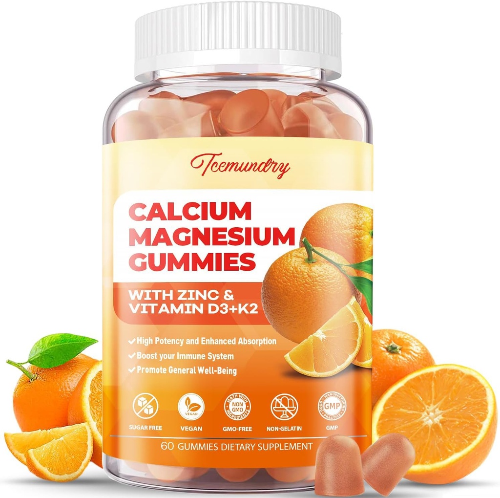 Calcium Magnésium Zinc Gommies avec vitamine D3 & K2 - Haute absorption Magnésium Glycinate 400mg - Supplément sans sucre Calcium - Support Nerve Muscle Mood & Immunity - pour adultes Hommes Femmes Enfants