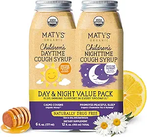 Matys Organic Kids Cough Sirop Day & Night Combo pour enfants 1 an +, Relief de la toux apaisante avec/Zinc, Melatonine & Sans colorant, 2 bouteilles, 6 fl oz Chaque