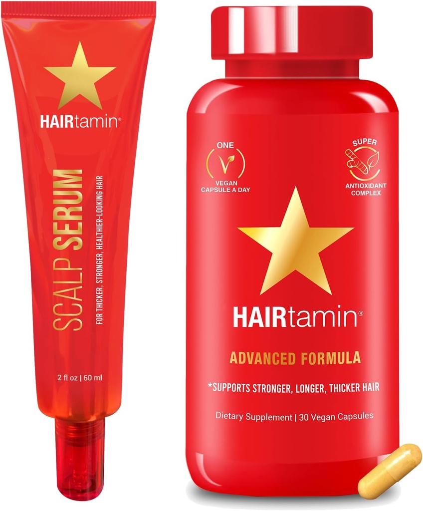HAIRtamin Advanced Hair & Scalp Serum Pack , Capsules de biotine végétalienne tout naturel et échantillon de sérum pour la croissance des cheveux, de la peau et des ongles