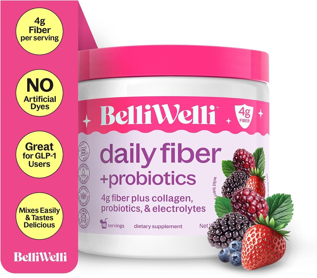 Belli Welli Fiber Supplément pour les femmes et les hommes – Poudre de fibre quotidienne premium de l'acacia biologique avec collagène ajouté, électrolytes et probiotiques – Pas de Bloat, Constipation et Gut Health Support (Wild Berry)