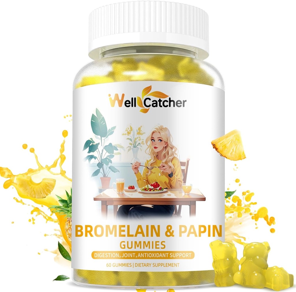 Bromelain Papain Enzyme Gummies Supplément: Bromelain 500MG avec Querectin Gummies pour Adultes Enfants, Bio Bromelain Papaya Enzymes Chewable for Digestive Support Immunity Antioxydant Vegan 60CT