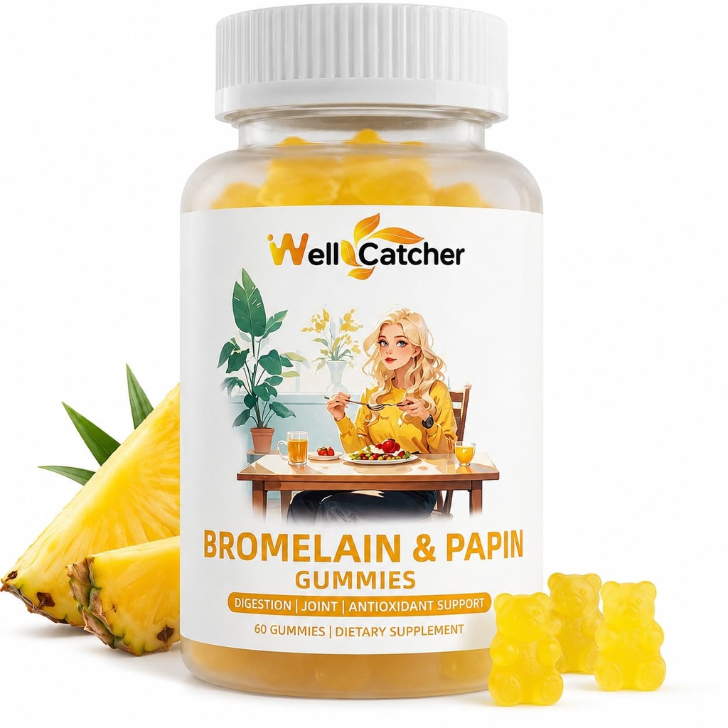 Bromelain Papain Enzyme Gummies Supplément: Bromelain 500MG avec Querectin Gummies pour Adultes Enfants, Bio Bromelain Papaya Enzymes Chewable for Digestive Support Immunity Antioxydant Vegan 60CT