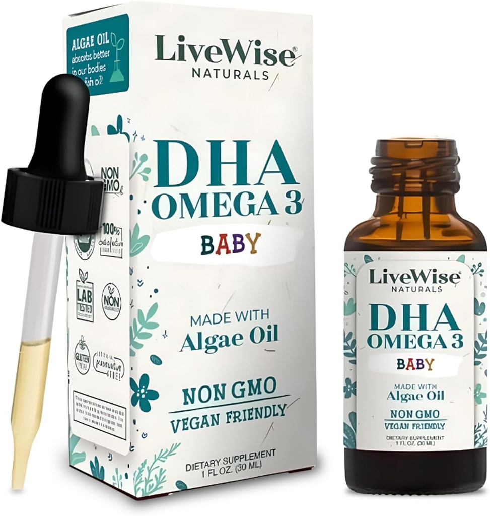 LiveWise Naturals DHA Omega-3 gouttes liquides pour les nourrissons et les tout-petits, Vegan-friendly Omega-3 supplément essentiel, favorise la santé du cerveau, les yeux, la défense du corps, la nutrition des bébés et des tout-petits