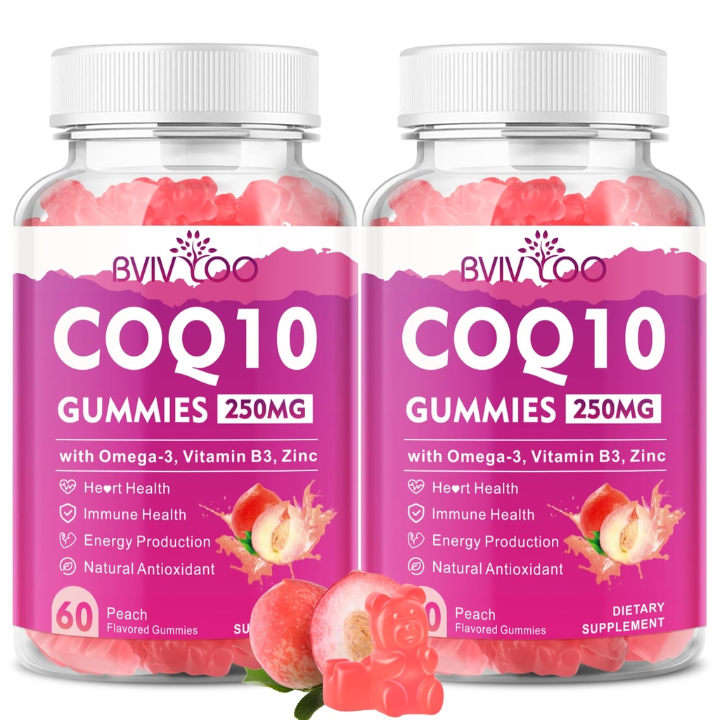 2 Pack CoQ10 Gummies 250mg, Plus Oméga-3, Vitamine B3 & Zinc, Magnésium - Suppléments Coenzyme haute absorption Q10 pour la santé cardiaque, l'énergie cellulaire et le soutien antioxydant, 120 Compte