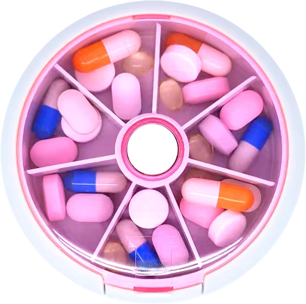 Pill Organizer Travel Pill Case for Purse Portable Pill Box Round Weekiy Pill Container for Vitamine Fish Oil Pills Suppléments (Pink)