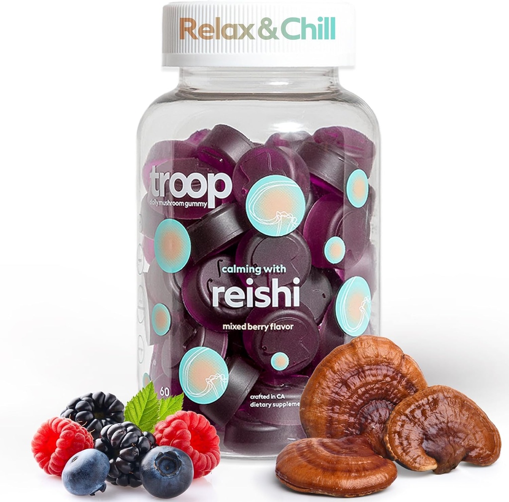 Gummies de champignons Reishi - Gummies calmantes pour les adultes et les enfants - Supplément focus pour le stress, la relaxation, le soutien immunitaire - 4000mg Triple-Extracted Fruiting Body - Mixed Berry, 60 Comte