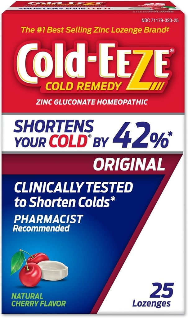Cold-EEZE Natural Cherry Zinc Lozenges, remède homéopathique contre le rhume, réduit la durée du rhume, de la gorge douloureuse, de la toux, de la congestion et de la drague post-nasale, 25 comtes