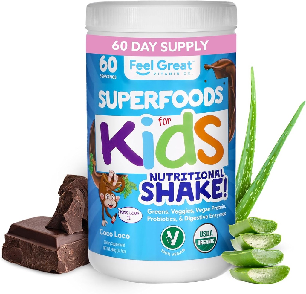 Enfants Bio Super Greens Poudre avec Fruits et Veggies - All-In-One Kids Multivitamine faite à partir de plantes réelles - Pas de vitamines synthétiques, pas de remplissage ou de liants, pas de sucre ajouté.