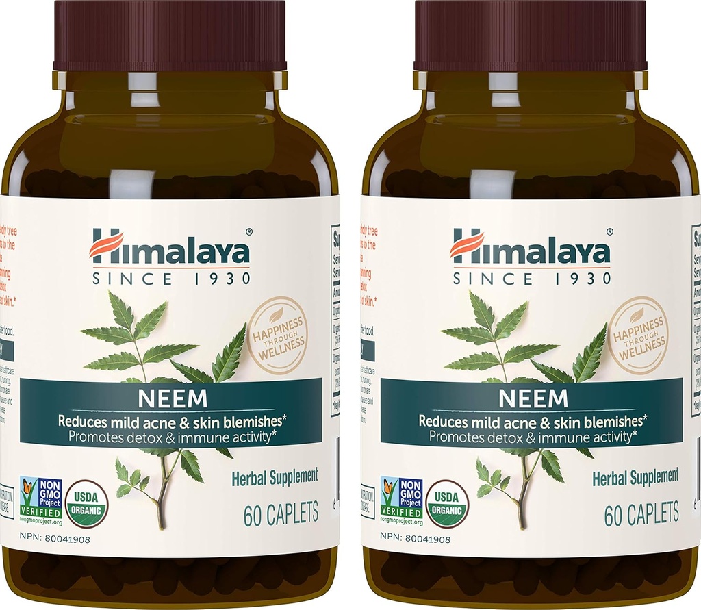 Supplément à base de neem biologique de l'Himalaya, pour l'acné doux et la peau claire, purifiant, ayurvédique, USDA certifié biologique, non-OGM, végétalien, 600 mg, 60 Caplets à base de plantes, 2 Pack
