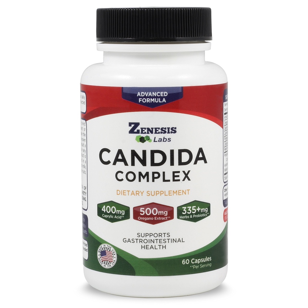Zenesis Labs Complexe Candida Nettoyer le supplément d'acide caprylique, extrait d'origan, probiotiques, enzymes (60 capsules, 30 jours d'approvisionnement)