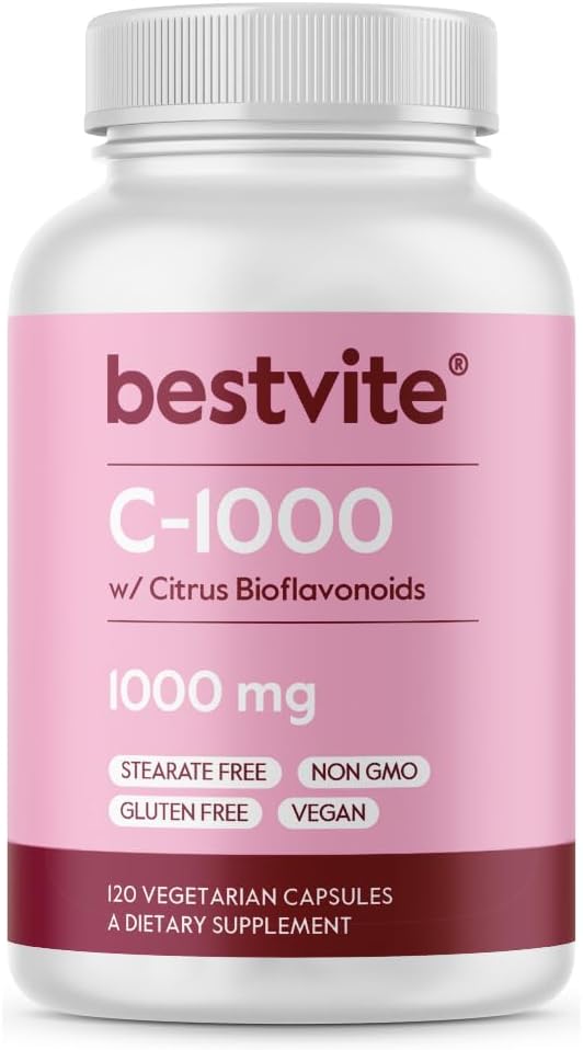 BESTVITE Vitamine C 1000mg (120 Capsules végétariennes) avec les agrumes Bioflavinoides - Pas de stéarate - Vegan - Non OGM - Sans gluten