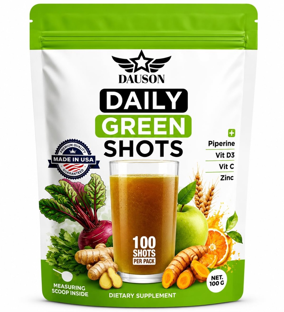Daily Green Shots – Superfood Powder with Wheatgrass, Matcha, Beetroot, Ashwagandha, Turmeric & Prebiotics – Immunity & Energy Support – Vegan Greens Supplément – 100 shots