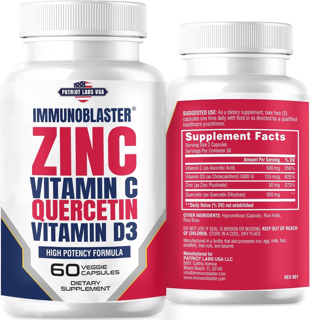 Zinc Quercetin 500mg avec vitamine D et C antioxydant immunosupport Quercetin haute puissance supplément de zinc pour les hommes et les femmes - sans gluten, soja et laitiers - 60 Nombre (paquet de 1)
