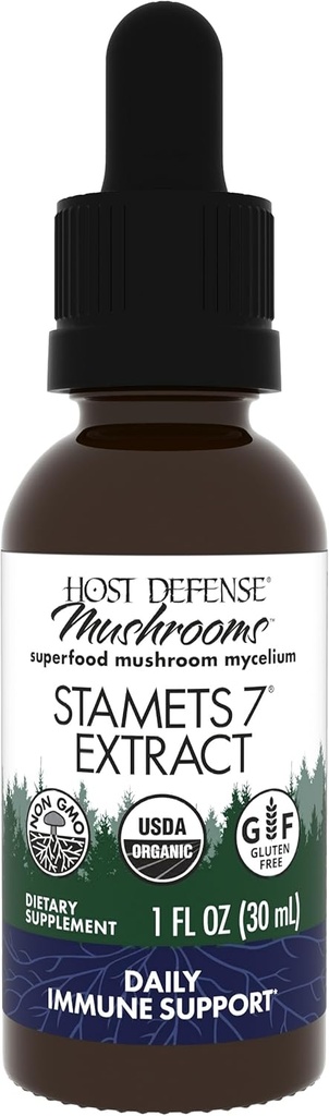 Host Defense Stamets 7 Extrait - 7 espèces de mélange - Supplément de champignons pour le soutien immunitaire avec Royal Sun Blazei, Cordyceps, Reishi, Maitake, Lion's Mane, Chaga & Mesima - 1 fl oz (30 portions)*
