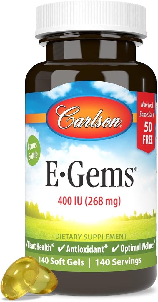 Carlson - E-Gems 400 UI (268 mg), Vitamine E de source naturelle, Bien-être optimal, 140 gels doux
