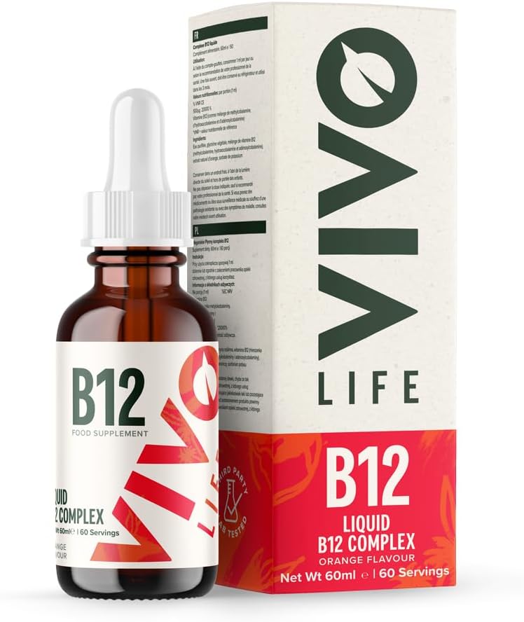 Vivo Life - Complexe de vitamine B12, supplément santé à haute puissance, gouttes liquides d'orange, 60ml, 60 portions