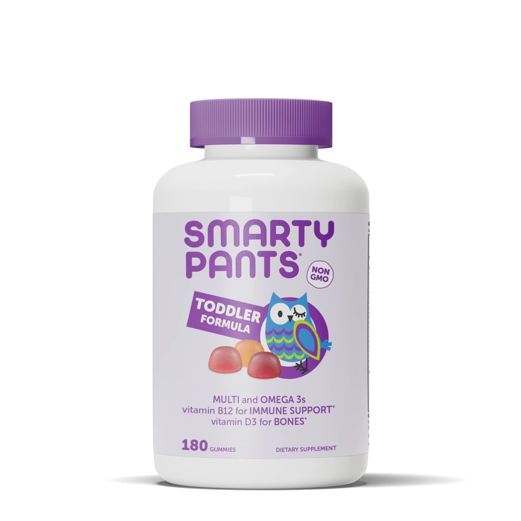 SmartyPants Gummies multivitamines pour tout-petit : Huile de poisson Oméga 3 (EPA/DHA), Vitamine D3, C, Vitamine B12, B6, A, K & Zinc, Biotine, bêta-carotène, sans gluten, trois arômes de fruits, 180 Compte (60 jours)