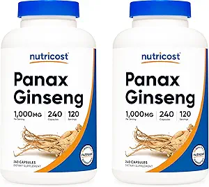 Nutricost Panax Ginseng 1000mg, 240 Capsules (2 bouteilles) - Non OGM, sans gluten, 120 portions