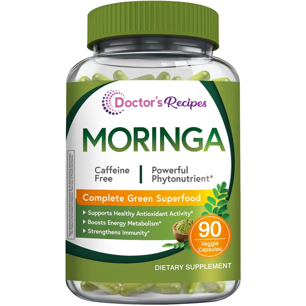 Recettes du médecin Moringa 11,000 mg Strength, Complete Green Superfood, Support Antioxydant naturel, Non-OGM, 90 Caps végétaliens, Pas de gluten de soja caféine