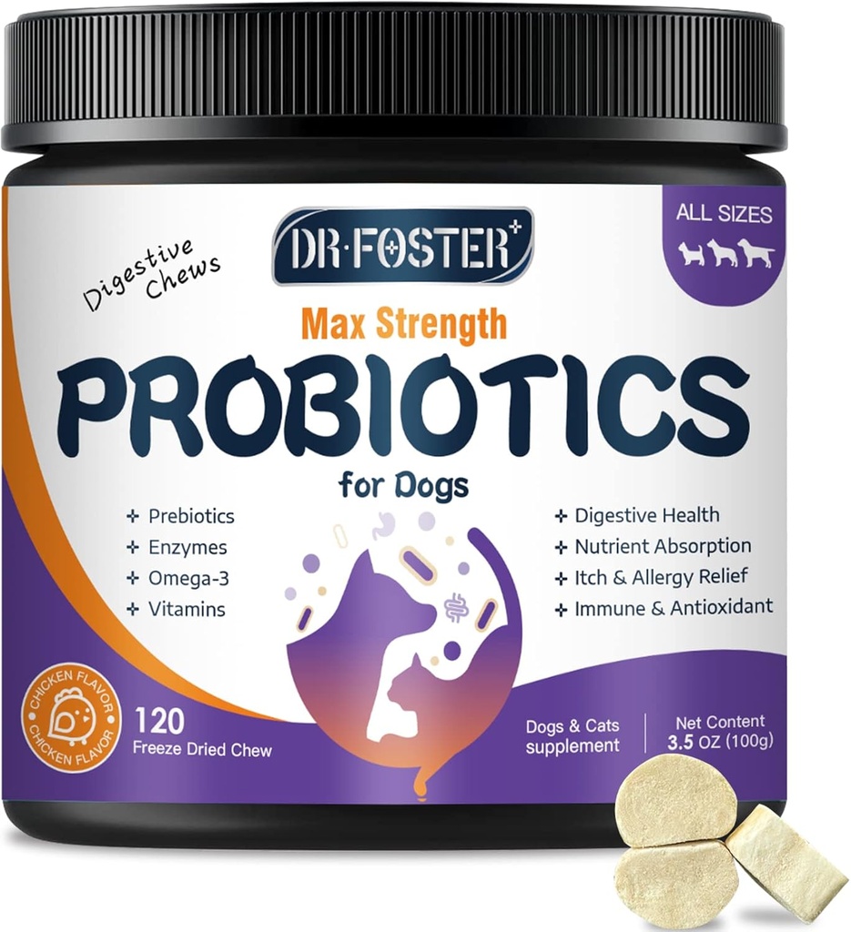 Probiotiques pour chiens, probiotiques pour chiens congelés et enzymes digestives, plus Oméga-3 pour peau démangeeuse, prébiotiques 3-en-1 pour la santé digestive, vitamines pour chiens et suppléments pour la santé immunitaire, 120 bits