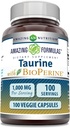 Formules étonnantes Taurine avec supplément de bioperine $ 1000 Mg par service $ 100 Capsules de légumes $ Non-GMO $ Sans gluten $ Fabriqué aux États-Unis
