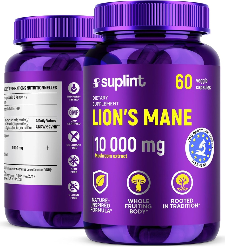 Supplément de Champignons de Mane de Lion, 10 000 mg de supplément alimentaire pour mémoire, focus et clarté Complexe quotidien de soutien du système immunitaire pour les femmes et les hommes