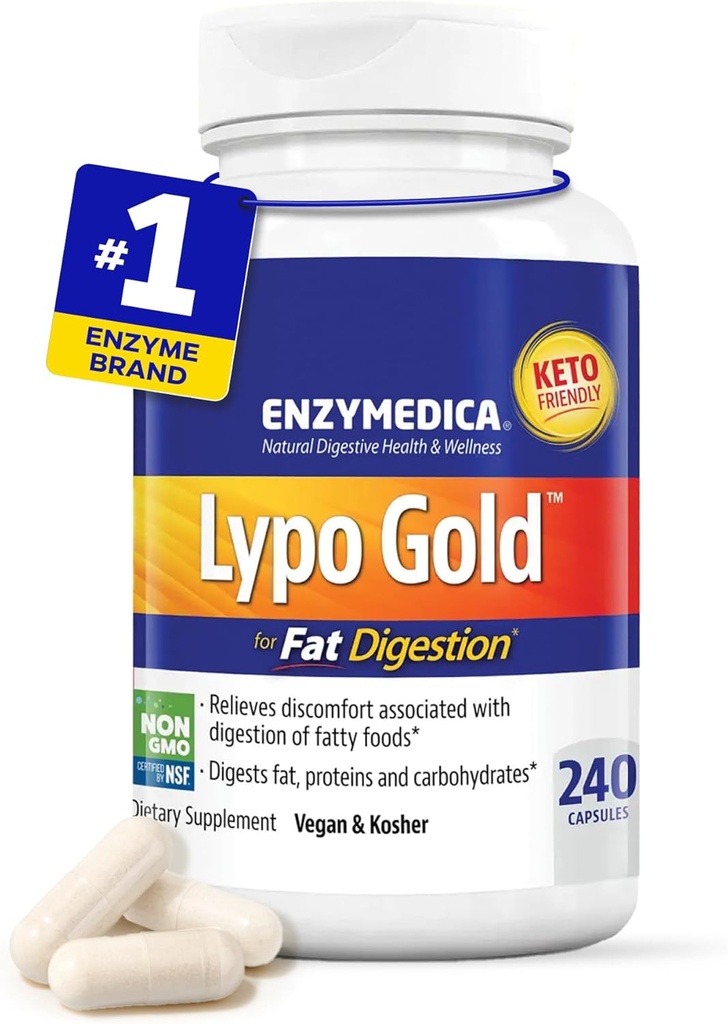 Enzymedica Lypo Gold, High Potency Lipase Enzymes digestifs pour la digestion des graisses, soutient occasionnelle Bloating Relief & Digestive Health, Kéto-Amiendly, Vegan, 240 Capsules