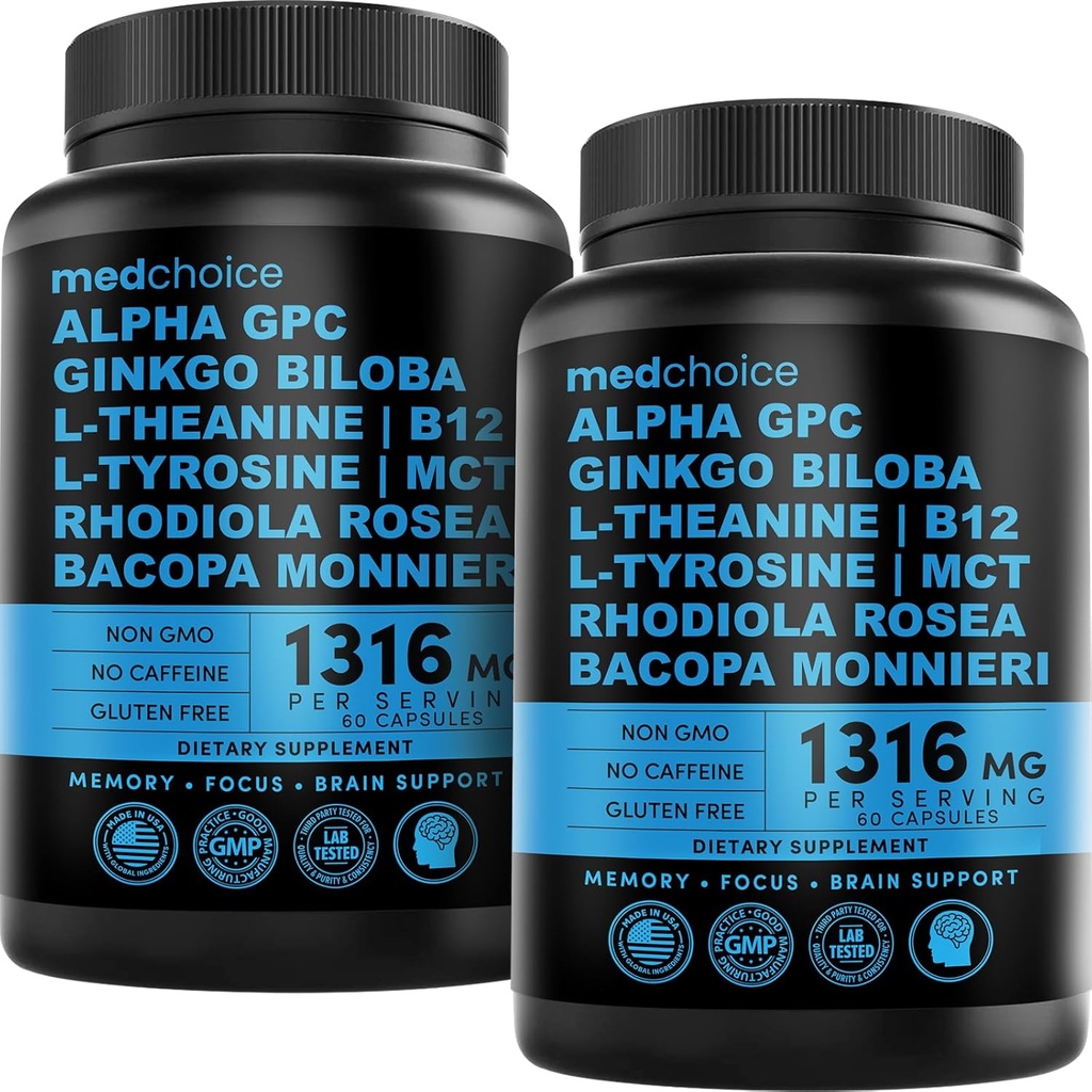 Supplément Cerveau Nootropique 12-en-1 Anhydre : Ginkgo Biloba pour le soutien, la mémoire et la focalisation du cerveau - B12, Alpha GPC, L Theanine et Choline Suppléments avec Bioperine non caféiné 1321mg (120ct)