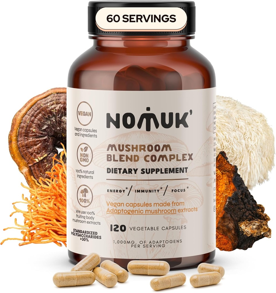 Mélange Adaptogène d'extrait de champignons Lions Mane, Reishi, Cordyceps, Supplément Chaga, 120 Capsules.