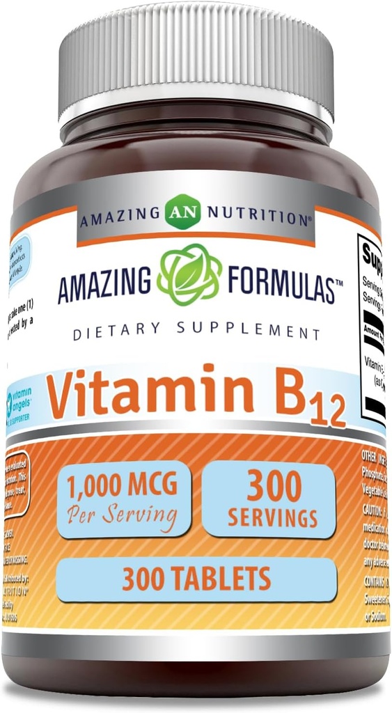 Formules étonnantes Supplément vitamine B12 $ 1000 Mg par portion $ Comprimés $ Non-OGM $ Sans gluten $ Fabriqué aux États-Unis (1 Pack, 300 Compte)