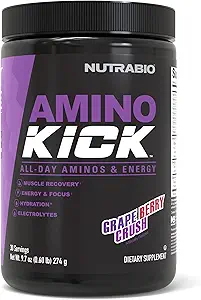 NutraBio Amino Kick – BCAA Poudre avec caféine naturelle – Supplément acides aminés pour l'énergie, l'hydratation et la récupération – BCAA, électrolytes et acides aminés – Crush aux raisins, 30 portions