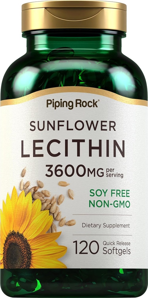 Piping Rock Sunflower Lécithine Softgel Capsules $ 3600 mg $ 120 Count $ Riche en Phosphatidylcholine $ Sans soja, sans OGM, sans gluten