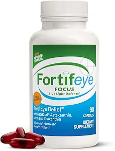 Supplément soin des yeux Fortifeye Focus 90 Capsules Softgel - triple caroténoïde incluant Astaxanthin, Lutéine et Zeaxanthin Suppléments, Vitamines oculaires, soutient la fatigue des yeux et la protection de la lumière bleue