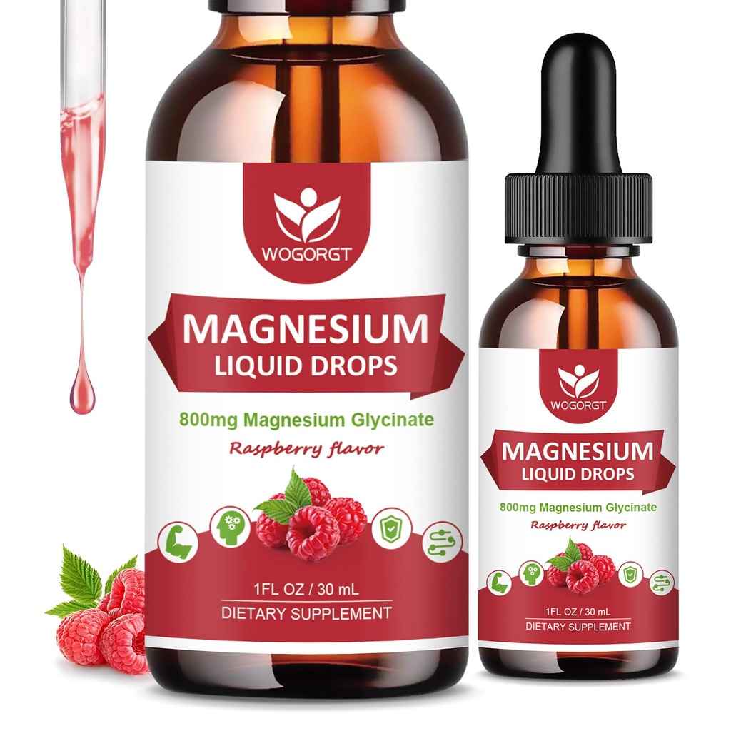 (2 Pack) Glycinat de magnésium gouttes liquides avec citrate et taurate - Haute absorption 1000mg Complexe de magnésium liquide avec D3, GABA, L-théanine pour la cognition, Muscle et Focus, Arôme framboise - 30mL