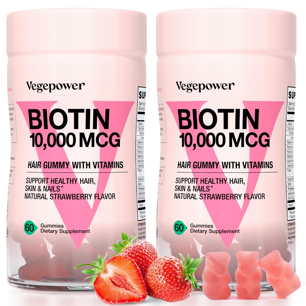 Gommies Biotine 10000mcg suppléments - avec vitamine C, A, D, B-Complex, Folate, zinc pour les femmes et les filles- Gommy de croissance de biotine végétalienne pour cheveux et ongles sains, non-OGM, fraise, 120 ours