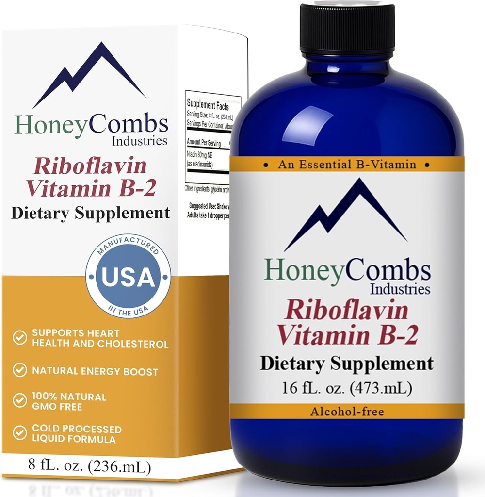 HoneyCombs Vitamin B2 Riboflavin Supplement Liquid Drops - High Potency Vitamin B2 for Men & Women - Maintain Healthy Digestion, Nervous System, Hair, Skin, Nails - Vegan Liquid Vitamins (16 Fl oz)