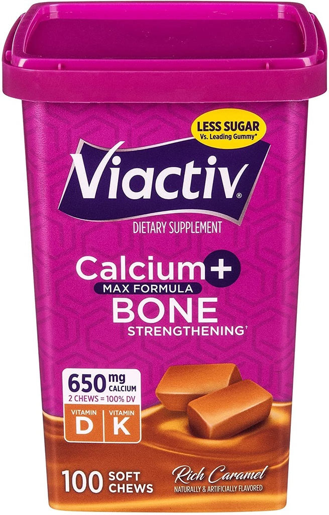 Viactiv Max Formula Calcium +Vitamin D3 Supplement for Bone Health, Rich Caramel, 100 Soft Chews - 5 Pack