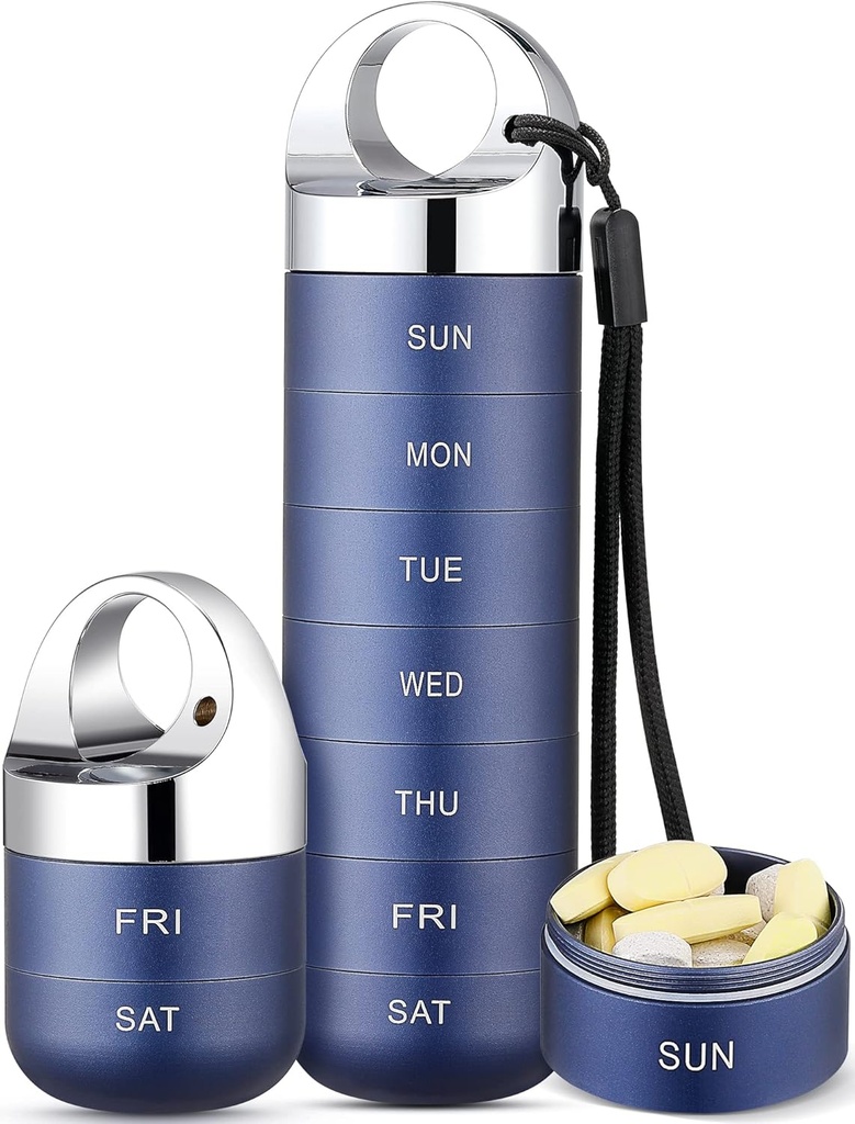 Zannaki Metal Travel Pill Organizer, Portable Waterproof Weekly Pill Box, Grand contenant de boîtier en alliage d'aluminium, BPA gratuit 7 jours de médecine quotidienne Organisateur pour la vitamine, huile de poisson, supplément