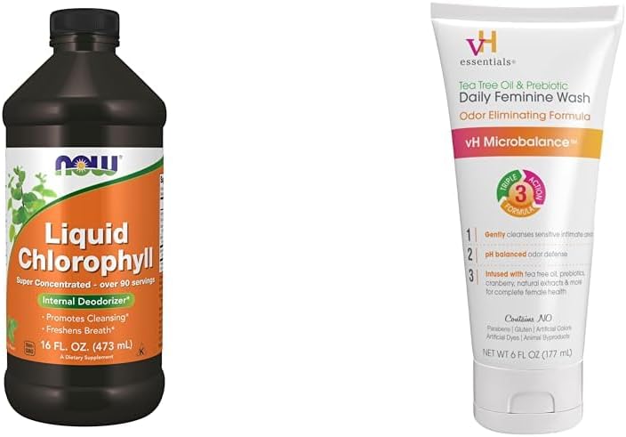 MAINTENANT Suppléments, Chlorophylle liquide, Super concentré, Désodorisant interne*,Energie Boost & vH Essentials, Ph équilibré quotidien Laver la féminine, huile d'arbre à thé et prébiotique, 6, Fl Oz, (paquet de 1)