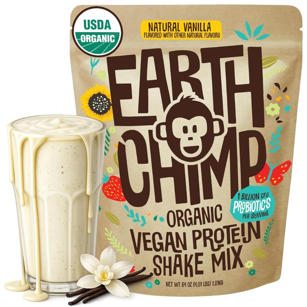 EarthChimp poudre de protéines végétales organiques - avec probiotiques - Non OGM, sans produits laitiers, sans lactosérum, poudre de protéines végétales pour les femmes et les hommes, sans gluten - 52 portions 64 Oz (Vanilla)