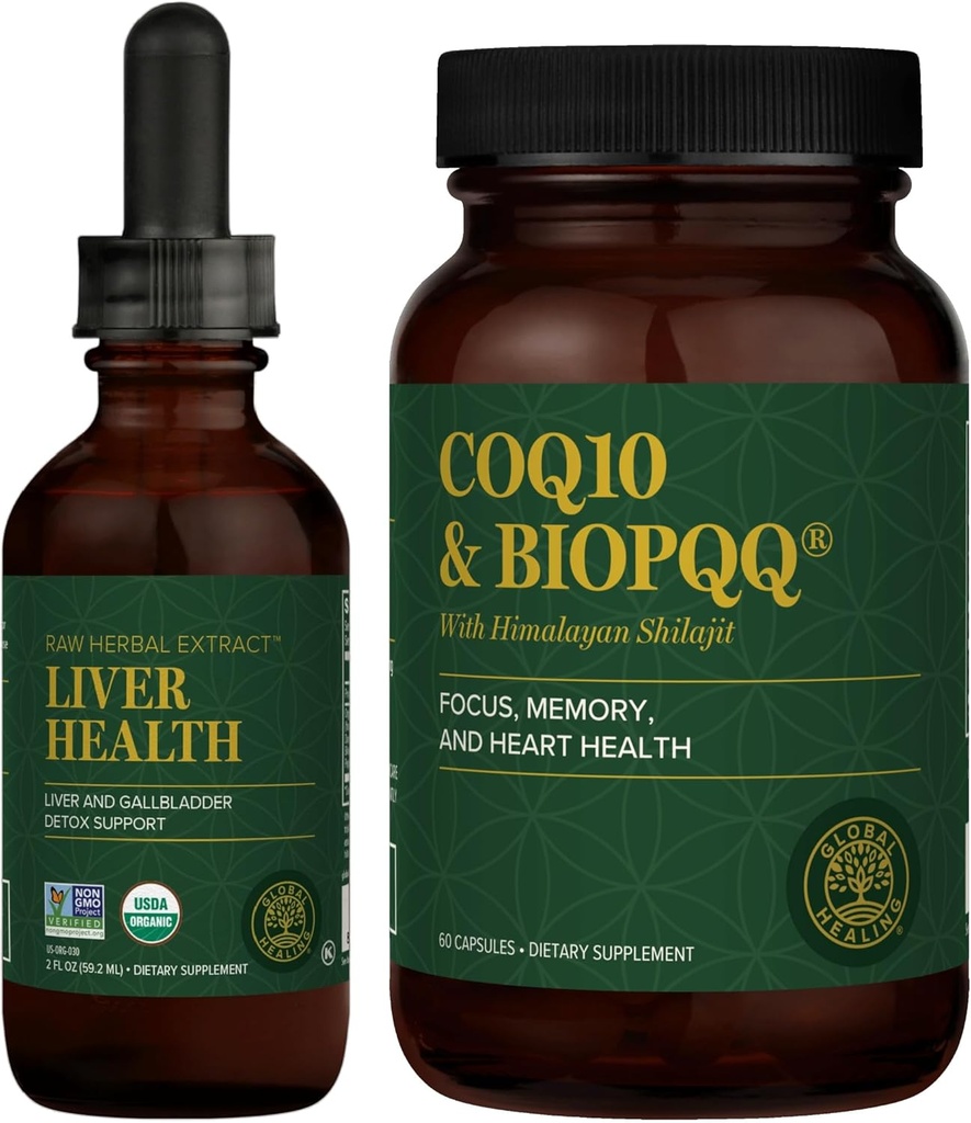 Global Healing Center - Liver Health & CoQ10 & BioPQQ avec Shilajit Kit - gouttes liquides pour un flux sanguin sain, la circulation veineuse et le Cœur avancé, le soutien du cerveau pour la concentration et la concentration